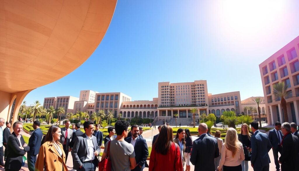 A panoramic view of the Université Hassan II in Casablanca, showcasing its distinctive modern architecture. In the foreground, diverse students in professional business attire engage in lively discussions, symbolizing collaboration and academic growth. The middle ground features the university’s iconic buildings, with unique geometric designs and vibrant greenery, representing innovation and evolution in education. The background reveals a clear blue sky, illuminated by warm sunlight, creating an inviting and inspiring atmosphere. Capture the scene using a wide-angle lens to emphasize the university's expansive campus, with a soft focus on the students to highlight their enthusiasm for learning and development. The overall mood is one of academic optimism and progression. A panoramic view of the Université Hassan II in Casablanca, showcasing its distinctive modern architecture. In the foreground, diverse students in professional business attire engage in lively discussions, symbolizing collaboration and academic growth. The middle ground features the university’s iconic buildings, with unique geometric designs and vibrant greenery, representing innovation and evolution in education. The background reveals a clear blue sky, illuminated by warm sunlight, creating an inviting and inspiring atmosphere. Capture the scene using a wide-angle lens to emphasize the university's expansive campus, with a soft focus on the students to highlight their enthusiasm for learning and development. The overall mood is one of academic optimism and progression.