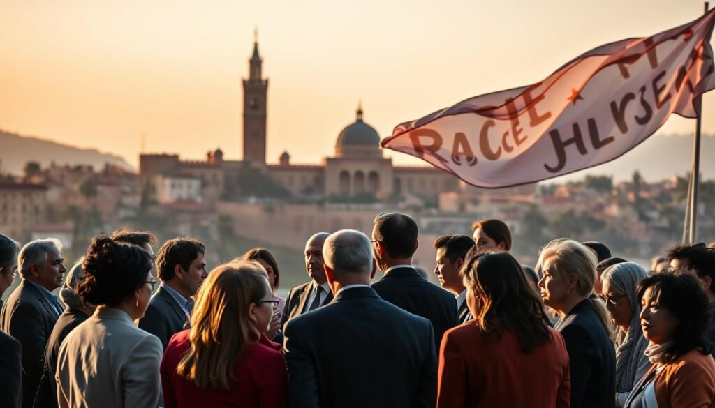A powerful image depicting a historic event in the context of human rights, focusing on the Organisation Marocaine des Droits Humains (OMDH). In the foreground, a diverse group of individuals in professional attire, including both men and women, are gathered in a thoughtful discussion, symbolizing unity and advocacy. The middle ground features an iconic backdrop of a Moroccan historical landmark, elegantly illuminated by soft morning light, illustrating the nation’s rich culture. In the background, a flowing banner with imagery of peace and justice subtly weaves through the scene, evoking a sense of hope and resilience. The overall mood is serious yet optimistic, highlighting the importance of historical events and ongoing efforts in human rights activism. A powerful image depicting a historic event in the context of human rights, focusing on the Organisation Marocaine des Droits Humains (OMDH). In the foreground, a diverse group of individuals in professional attire, including both men and women, are gathered in a thoughtful discussion, symbolizing unity and advocacy. The middle ground features an iconic backdrop of a Moroccan historical landmark, elegantly illuminated by soft morning light, illustrating the nation’s rich culture. In the background, a flowing banner with imagery of peace and justice subtly weaves through the scene, evoking a sense of hope and resilience. The overall mood is serious yet optimistic, highlighting the importance of historical events and ongoing efforts in human rights activism.