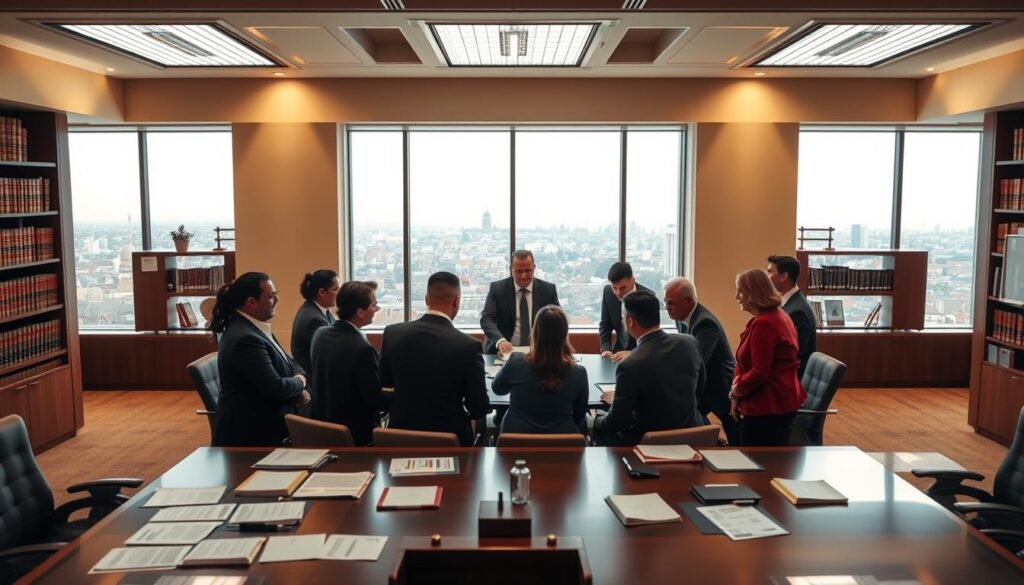 A professional and authoritative setting depicting the **Cour des Comptes** in Morocco, showcasing its role in public finance oversight. In the foreground, a diverse group of professionals dressed in formal business attire are engaged in discussions around a large conference table filled with financial reports and documents. The middle ground features a large window revealing a panoramic view of the Moroccan cityscape. The room is well-lit with modern office lighting, casting a warm glow across the scene, enhancing the sense of collaboration and diligence. In the background, shelves filled with law books and financial records create a scholarly atmosphere. The overall mood conveys professionalism, integrity, and a commitment to public service, reflecting the importance of the institution’s mission. A professional and authoritative setting depicting the **Cour des Comptes** in Morocco, showcasing its role in public finance oversight. In the foreground, a diverse group of professionals dressed in formal business attire are engaged in discussions around a large conference table filled with financial reports and documents. The middle ground features a large window revealing a panoramic view of the Moroccan cityscape. The room is well-lit with modern office lighting, casting a warm glow across the scene, enhancing the sense of collaboration and diligence. In the background, shelves filled with law books and financial records create a scholarly atmosphere. The overall mood conveys professionalism, integrity, and a commitment to public service, reflecting the importance of the institution’s mission.