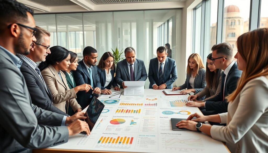 A professional and dynamic scene depicting a UNICEF fundraising meeting in Morocco, showcasing diverse individuals in professional business attire collaborating. In the foreground, a focused group of multicultural people, including men and women of various ages, engaged in strategic discussions, some pointing at documents and graphs. In the middle, a large conference table adorned with UNICEF branding, laptops, and colorful infographics representing fundraising goals and child welfare metrics. The background features a bright, modern office space with large windows revealing a view of Moroccan architecture. Soft, natural lighting enhances a positive and hopeful atmosphere, emphasizing teamwork and commitment to children's welfare. A professional and dynamic scene depicting a UNICEF fundraising meeting in Morocco, showcasing diverse individuals in professional business attire collaborating. In the foreground, a focused group of multicultural people, including men and women of various ages, engaged in strategic discussions, some pointing at documents and graphs. In the middle, a large conference table adorned with UNICEF branding, laptops, and colorful infographics representing fundraising goals and child welfare metrics. The background features a bright, modern office space with large windows revealing a view of Moroccan architecture. Soft, natural lighting enhances a positive and hopeful atmosphere, emphasizing teamwork and commitment to children's welfare.