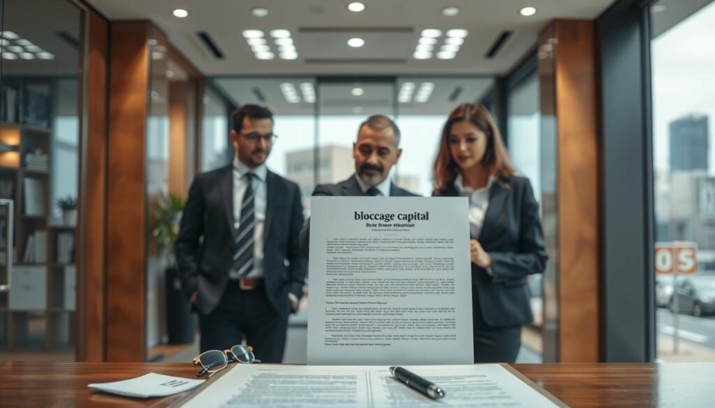 A professional bank office scene depicting the concept of "blocage capital banque attestation". In the foreground, a neatly organized desk with a clipboard, a pen, and a formal attestation document prominently displayed, featuring a header that indicates it pertains to capital blocking in a Moroccan bank. In the middle ground, a diverse group of three business professionals, two men and one woman, dressed in formal business attire, engage in a serious discussion while pointing at the document. The background showcases a modern bank interior with glass walls, soft overhead lighting, and a large window displaying the cityscape outside, creating a polished and professional atmosphere. The overall mood is focused and serious, emphasizing the importance of financial processes in business formation. A professional bank office scene depicting the concept of "blocage capital banque attestation". In the foreground, a neatly organized desk with a clipboard, a pen, and a formal attestation document prominently displayed, featuring a header that indicates it pertains to capital blocking in a Moroccan bank. In the middle ground, a diverse group of three business professionals, two men and one woman, dressed in formal business attire, engage in a serious discussion while pointing at the document. The background showcases a modern bank interior with glass walls, soft overhead lighting, and a large window displaying the cityscape outside, creating a polished and professional atmosphere. The overall mood is focused and serious, emphasizing the importance of financial processes in business formation.