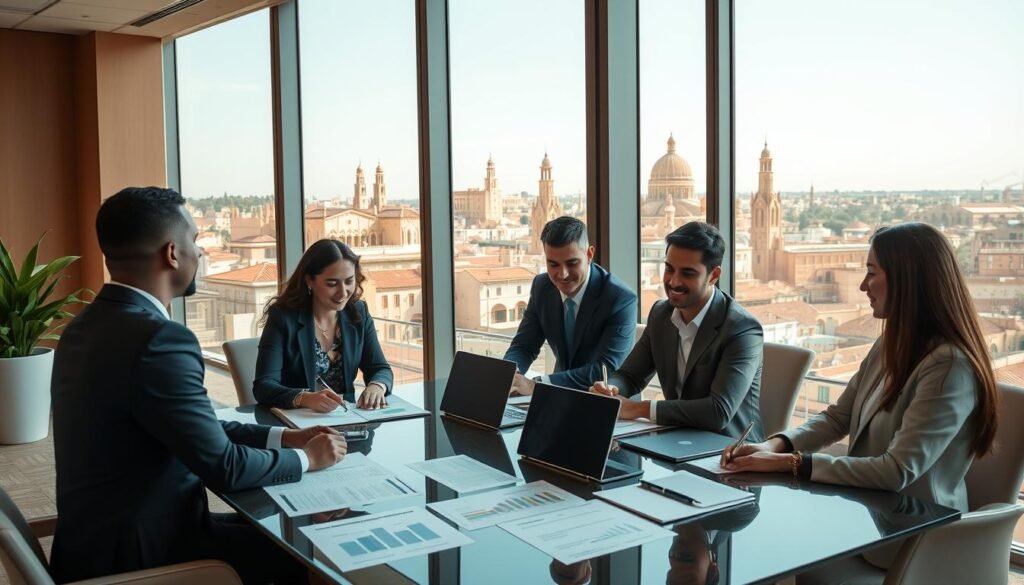 A professional business meeting scene set in an elegant conference room overlooking a vibrant Moroccan cityscape. In the foreground, a diverse group of four individuals, dressed in smart business attire, engaged in a collaborative discussion over a large table filled with documents, laptops, and charts showcasing business growth and partnership benefits. In the middle ground, large windows bathe the room in natural light, accentuating the warm color palette and modern decor. The background features a panoramic view of iconic Moroccan architecture, blending traditional motifs with contemporary structures, symbolizing the fusion of culture and commerce. The atmosphere is focused and positive, reflecting the energy of a successful and trustworthy commercial partnership. A professional business meeting scene set in an elegant conference room overlooking a vibrant Moroccan cityscape. In the foreground, a diverse group of four individuals, dressed in smart business attire, engaged in a collaborative discussion over a large table filled with documents, laptops, and charts showcasing business growth and partnership benefits. In the middle ground, large windows bathe the room in natural light, accentuating the warm color palette and modern decor. The background features a panoramic view of iconic Moroccan architecture, blending traditional motifs with contemporary structures, symbolizing the fusion of culture and commerce. The atmosphere is focused and positive, reflecting the energy of a successful and trustworthy commercial partnership.