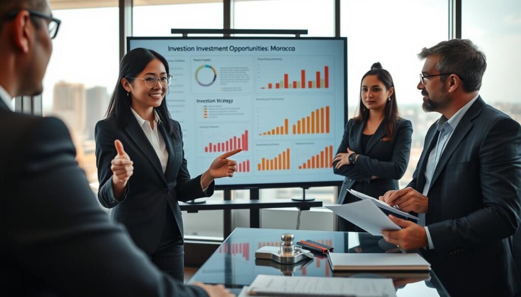 A professional business setting featuring a diverse group of investors engaged in a strategic meeting. In the foreground, an Asian woman in a tailored suit is confidently presenting a report on investment strategies, gesturing towards a large screen displaying graphs and charts related to foreign investment opportunities in Morocco. To her right, a middle-aged Caucasian man is taking notes, while a young Black woman attentively listens. In the background, large windows reveal a city skyline under a bright, sunny day, casting natural light into the room. The atmosphere is dynamic and focused, emphasizing collaboration and legal expertise. The composition is shot from a slightly elevated angle to highlight the group dynamics and the importance of their discussion. A professional business setting featuring a diverse group of investors engaged in a strategic meeting. In the foreground, an Asian woman in a tailored suit is confidently presenting a report on investment strategies, gesturing towards a large screen displaying graphs and charts related to foreign investment opportunities in Morocco. To her right, a middle-aged Caucasian man is taking notes, while a young Black woman attentively listens. In the background, large windows reveal a city skyline under a bright, sunny day, casting natural light into the room. The atmosphere is dynamic and focused, emphasizing collaboration and legal expertise. The composition is shot from a slightly elevated angle to highlight the group dynamics and the importance of their discussion.