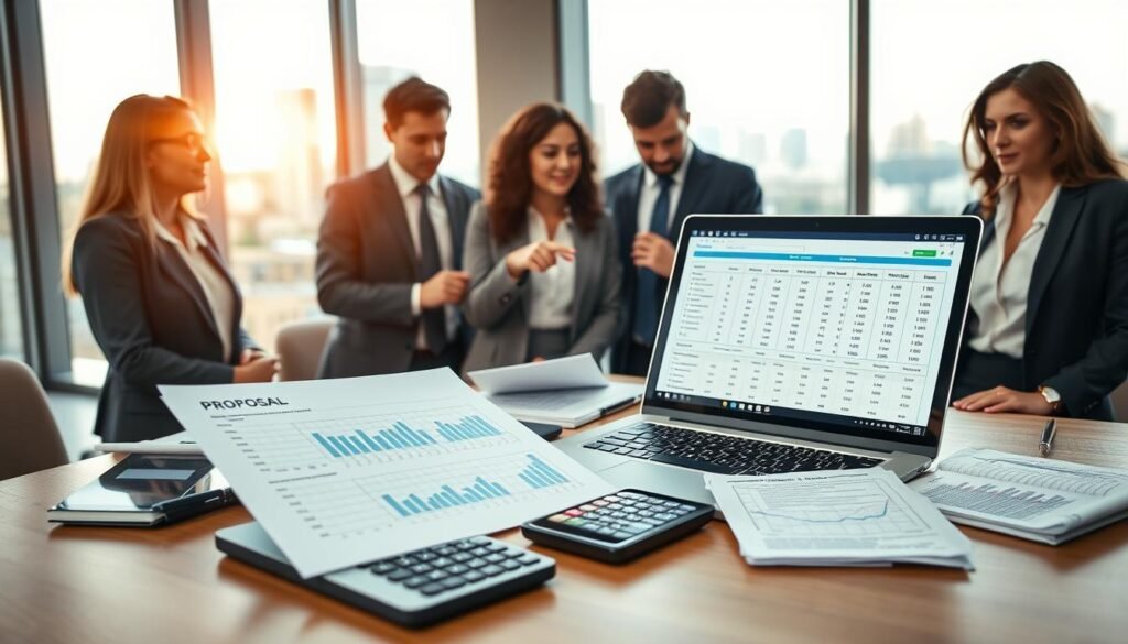 A professional business setting focusing on the creation of a compelling technical and financial proposal. In the foreground, an open laptop displaying a complex financial spreadsheet alongside neatly arranged documents and a calculator. The middle ground features a diverse group of individuals in professional business attire, discussing and collaborating over the proposal, with one person pointing at the laptop screen. The background shows a stylish modern office with large windows letting in warm, natural light, and a view of the city skyline. The overall atmosphere is one of focus and determination, emphasizing productivity and teamwork. Use soft, even lighting to enhance the professionalism of the scene. A professional business setting focusing on the creation of a compelling technical and financial proposal. In the foreground, an open laptop displaying a complex financial spreadsheet alongside neatly arranged documents and a calculator. The middle ground features a diverse group of individuals in professional business attire, discussing and collaborating over the proposal, with one person pointing at the laptop screen. The background shows a stylish modern office with large windows letting in warm, natural light, and a view of the city skyline. The overall atmosphere is one of focus and determination, emphasizing productivity and teamwork. Use soft, even lighting to enhance the professionalism of the scene.