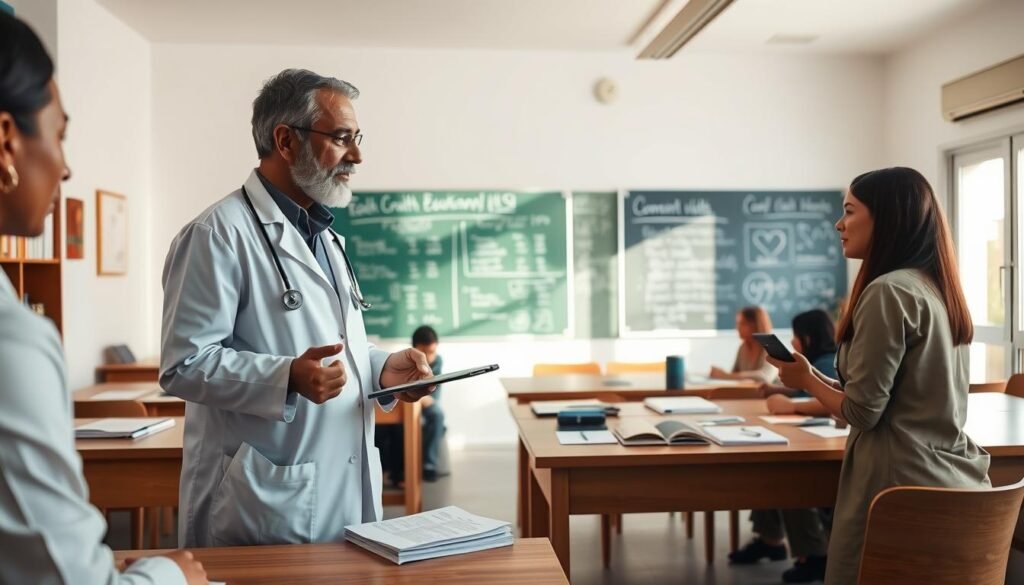 A professional health training setting in Morocco, featuring a diverse group of health professionals engaged in a collaborative discussion. In the foreground, a middle-aged Moroccan doctor in a white coat discusses case studies with a young female nurse wearing professional attire. In the middle ground, a well-lit classroom with wooden tables, health education materials spread out, and a large chalkboard displaying health statistics related to community wellness. In the background, large windows allow sunlight to filter in, creating a warm and inviting atmosphere. The image should capture a mood of education, cooperation, and professionalism, emphasizing the importance of health training in Moroccan society, with academic books and a medical diploma visible on the walls, reflecting the mission of the Ministry of Health and Social Protection. A professional health training setting in Morocco, featuring a diverse group of health professionals engaged in a collaborative discussion. In the foreground, a middle-aged Moroccan doctor in a white coat discusses case studies with a young female nurse wearing professional attire. In the middle ground, a well-lit classroom with wooden tables, health education materials spread out, and a large chalkboard displaying health statistics related to community wellness. In the background, large windows allow sunlight to filter in, creating a warm and inviting atmosphere. The image should capture a mood of education, cooperation, and professionalism, emphasizing the importance of health training in Moroccan society, with academic books and a medical diploma visible on the walls, reflecting the mission of the Ministry of Health and Social Protection.
