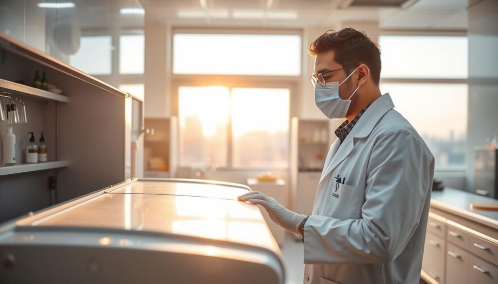 A professional industrial hygiene expert in a clean, modern laboratory setting in Morocco, wearing a white lab coat, gloves, and a mask, inspecting hygiene equipment with focused concentration. In the foreground, a large sanitization station gleams under bright fluorescent lighting. The middle ground features neatly organized tools and equipment, while the background reveals a window with a view of the Moroccan skyline, softly blurred. The atmosphere conveys a sense of diligence and expertise, with warm daylight pouring in, creating a sterile yet inviting environment. The overall composition emphasizes professionalism and competence in industrial hygiene solutions. A professional industrial hygiene expert in a clean, modern laboratory setting in Morocco, wearing a white lab coat, gloves, and a mask, inspecting hygiene equipment with focused concentration. In the foreground, a large sanitization station gleams under bright fluorescent lighting. The middle ground features neatly organized tools and equipment, while the background reveals a window with a view of the Moroccan skyline, softly blurred. The atmosphere conveys a sense of diligence and expertise, with warm daylight pouring in, creating a sterile yet inviting environment. The overall composition emphasizes professionalism and competence in industrial hygiene solutions.