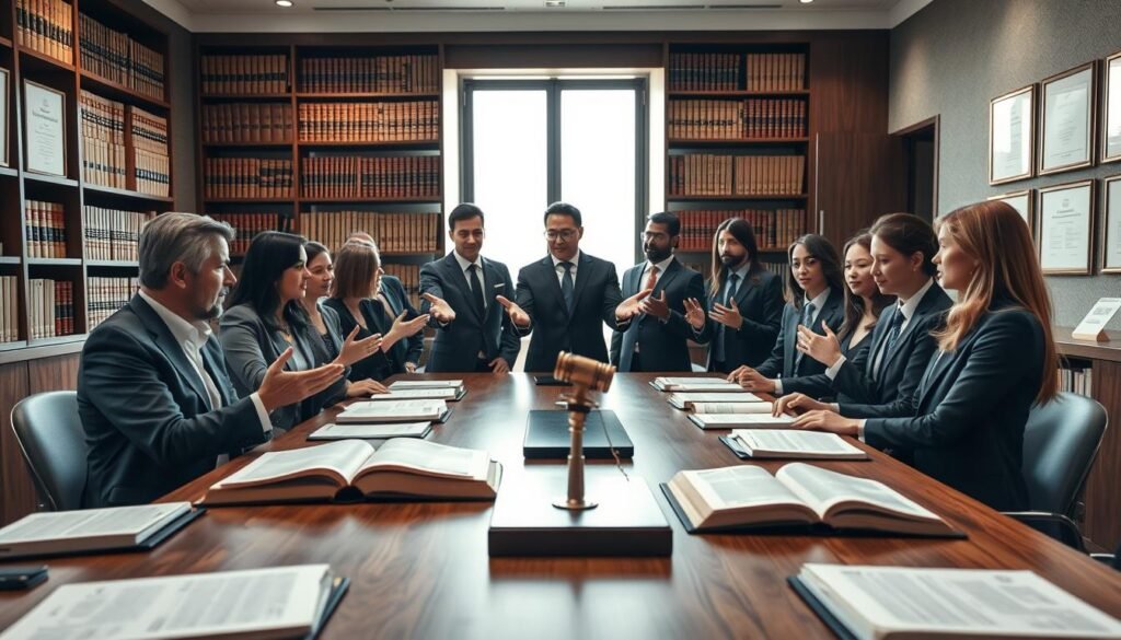 A professional legal setting depicting the framework of health insurance laws, featuring a wooden conference table surrounded by open legal books and documents. In the foreground, a diverse group of professionals dressed in business attire, engaged in a discussion, with their hands emphasizing key points. In the middle, a large window allows soft natural light to flood the space, enhancing a focused atmosphere. The background includes a large bookshelf filled with legal texts and framed certificates on the walls, showcasing professionalism and authority. The mood is serious yet collaborative, reflecting in-depth analysis and discussion about the historical context and legal framework of health insurance in a modern office environment. The shot is a wide-angle, capturing the entire room while highlighting the group dynamic. A professional legal setting depicting the framework of health insurance laws, featuring a wooden conference table surrounded by open legal books and documents. In the foreground, a diverse group of professionals dressed in business attire, engaged in a discussion, with their hands emphasizing key points. In the middle, a large window allows soft natural light to flood the space, enhancing a focused atmosphere. The background includes a large bookshelf filled with legal texts and framed certificates on the walls, showcasing professionalism and authority. The mood is serious yet collaborative, reflecting in-depth analysis and discussion about the historical context and legal framework of health insurance in a modern office environment. The shot is a wide-angle, capturing the entire room while highlighting the group dynamic.