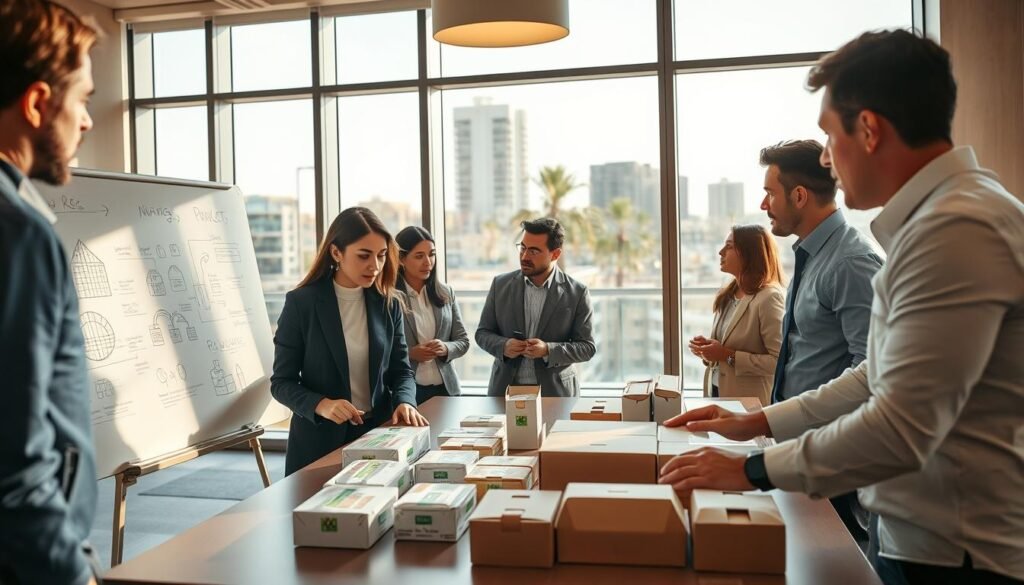 A professional meeting in an office setting in Morocco, showcasing a diverse group of businesspeople engaged in discussion around packaging solutions. In the foreground, a woman in a smart blazer and a man in a crisp shirt are examining eco-friendly packaging samples on a conference table. The middle ground features a whiteboard filled with diagrams and notes on packaging innovations. In the background, large windows allow warm natural light to flood the room, illuminating a cityscape view of modern buildings and palm trees. The atmosphere is collaborative and optimistic, emphasizing professionalism and innovation in the packaging industry. The composition should use a balanced focal point to highlight the interaction between the professionals. A professional meeting in an office setting in Morocco, showcasing a diverse group of businesspeople engaged in discussion around packaging solutions. In the foreground, a woman in a smart blazer and a man in a crisp shirt are examining eco-friendly packaging samples on a conference table. The middle ground features a whiteboard filled with diagrams and notes on packaging innovations. In the background, large windows allow warm natural light to flood the room, illuminating a cityscape view of modern buildings and palm trees. The atmosphere is collaborative and optimistic, emphasizing professionalism and innovation in the packaging industry. The composition should use a balanced focal point to highlight the interaction between the professionals.