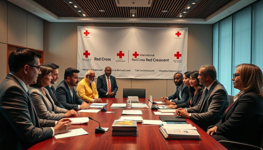 A professional meeting scene depicting representatives from the International Red Cross and Red Crescent Movement in a well-lit conference room. In the foreground, a diverse group of individuals, men and women of various ethnicities, are engaged in a discussion, all dressed in professional business attire. In the middle, a large table is filled with documents and humanitarian aid materials, emphasizing collaboration. The background features a large banner displaying the Red Cross and Red Crescent logos. The atmosphere is focused and collaborative, with warm lighting creating an inviting environment. The angle captures the engagement and teamwork among the participants, highlighting their commitment to humanitarian action. A professional meeting scene depicting representatives from the International Red Cross and Red Crescent Movement in a well-lit conference room. In the foreground, a diverse group of individuals, men and women of various ethnicities, are engaged in a discussion, all dressed in professional business attire. In the middle, a large table is filled with documents and humanitarian aid materials, emphasizing collaboration. The background features a large banner displaying the Red Cross and Red Crescent logos. The atmosphere is focused and collaborative, with warm lighting creating an inviting environment. The angle captures the engagement and teamwork among the participants, highlighting their commitment to humanitarian action.