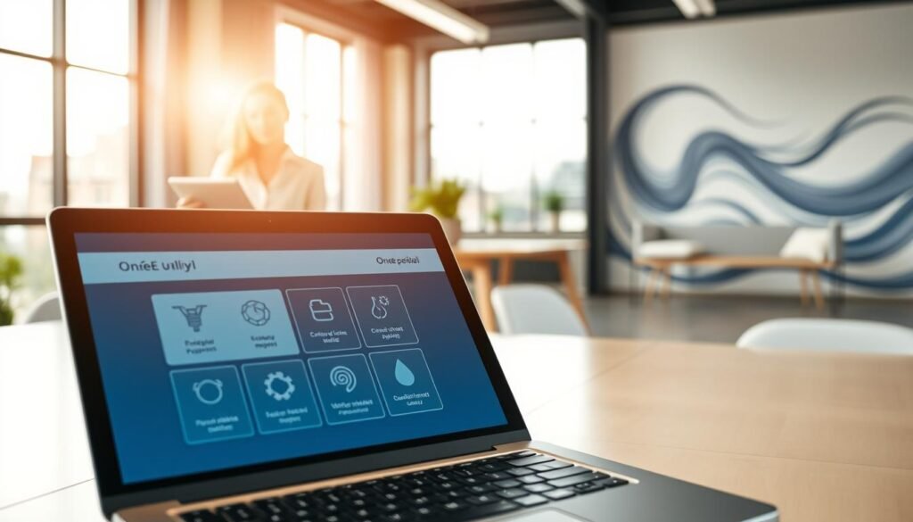 A professional, modern digital workspace scene highlighting online services related to "ONEE paiement." In the foreground, a laptop displays a sleek user interface showing utility payment options, complete with icons for electricity and water services. To the left, a businesswoman in professional attire analyzes data on a tablet, symbolizing efficiency and digital innovation. In the middle ground, a bright, open office environment with large windows allows sunlight to stream in, creating a warm and inviting atmosphere. The background features a subtle, abstract mural representing energy and water flows, adding a dynamic touch. The overall mood is focused and productive, with a hint of technological advancement, captured with a clean and professional lens angle to emphasize clarity and purpose. A professional, modern digital workspace scene highlighting online services related to "ONEE paiement." In the foreground, a laptop displays a sleek user interface showing utility payment options, complete with icons for electricity and water services. To the left, a businesswoman in professional attire analyzes data on a tablet, symbolizing efficiency and digital innovation. In the middle ground, a bright, open office environment with large windows allows sunlight to stream in, creating a warm and inviting atmosphere. The background features a subtle, abstract mural representing energy and water flows, adding a dynamic touch. The overall mood is focused and productive, with a hint of technological advancement, captured with a clean and professional lens angle to emphasize clarity and purpose.