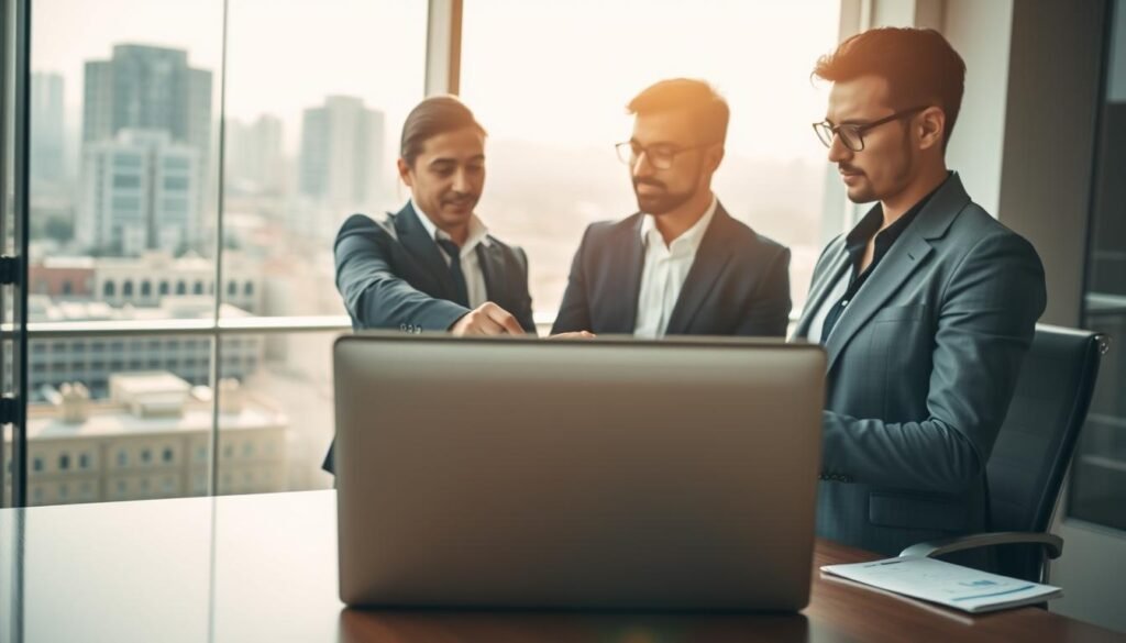A professional office environment highlighting the Moroccan tax regulations. In the foreground, a well-organized desk with a laptop displaying financial graphs and documents related to tax updates. On the middle layer, a multicultural group of three business professionals, dressed in professional attire, discussing recent changes in tax laws. One person points at the screen, while the others take notes. In the background, a glass wall reveals a city skyline of Casablanca, with sunlight streaming in, creating a warm and productive atmosphere. Soft, natural lighting enhances the focus on the group’s engaged expressions, emphasizing collaboration and awareness of changing fiscal regulations. The overall mood conveys a sense of urgency and professionalism in navigating Morocco's tax landscape. A professional office environment highlighting the Moroccan tax regulations. In the foreground, a well-organized desk with a laptop displaying financial graphs and documents related to tax updates. On the middle layer, a multicultural group of three business professionals, dressed in professional attire, discussing recent changes in tax laws. One person points at the screen, while the others take notes. In the background, a glass wall reveals a city skyline of Casablanca, with sunlight streaming in, creating a warm and productive atmosphere. Soft, natural lighting enhances the focus on the group’s engaged expressions, emphasizing collaboration and awareness of changing fiscal regulations. The overall mood conveys a sense of urgency and professionalism in navigating Morocco's tax landscape.