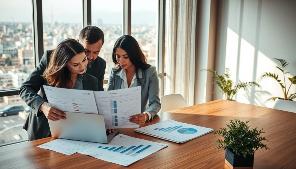 A professional office environment in Morocco, showcasing a team of business people in business attire engaged in discussions over financial documents and graphs. In the foreground, a diverse group of three professionals, a man and two women, analyzing a loan application and grant proposal beside a laptop, highlighting collaboration. The middle ground features a large window revealing a bustling cityscape of Casablanca, bathed in soft, warm afternoon light. The background includes a wooden conference table with financial charts and a plant, creating a sense of growth and prosperity. The atmosphere conveys seriousness and ambition, reflecting the importance of bank credits and subsidies for business financing in Morocco. A professional office environment in Morocco, showcasing a team of business people in business attire engaged in discussions over financial documents and graphs. In the foreground, a diverse group of three professionals, a man and two women, analyzing a loan application and grant proposal beside a laptop, highlighting collaboration. The middle ground features a large window revealing a bustling cityscape of Casablanca, bathed in soft, warm afternoon light. The background includes a wooden conference table with financial charts and a plant, creating a sense of growth and prosperity. The atmosphere conveys seriousness and ambition, reflecting the importance of bank credits and subsidies for business financing in Morocco.