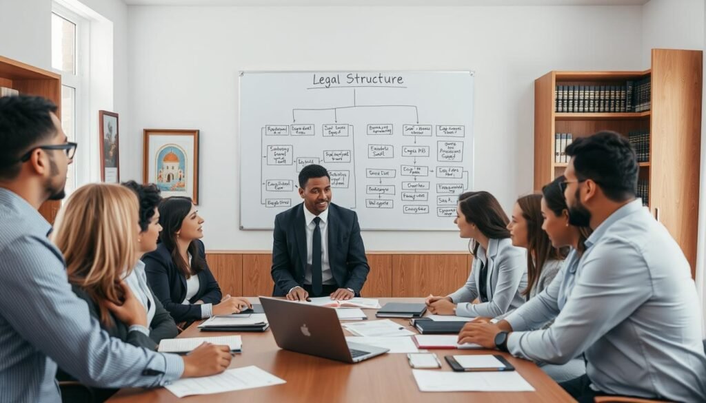 A professional office setting in Morocco, focusing on the concept of legal structure for businesses. In the foreground, a diverse group of professionals in business attire, engaged in a discussion around a large table covered with documents and a small laptop displaying legal frameworks. In the middle, a large whiteboard filled with flowcharts illustrating different types of legal business structures, such as SARL, SA, and others. The background features elegant wooden shelves filled with law books, Moroccan artwork, and a window showcasing the vibrant Moroccan landscape under bright, natural light. The mood is collaborative and focused, with a warm atmosphere that inspires creativity and professionalism. The lighting is bright and inviting, highlighting the importance of choosing the right legal structure for business success. A professional office setting in Morocco, focusing on the concept of legal structure for businesses. In the foreground, a diverse group of professionals in business attire, engaged in a discussion around a large table covered with documents and a small laptop displaying legal frameworks. In the middle, a large whiteboard filled with flowcharts illustrating different types of legal business structures, such as SARL, SA, and others. The background features elegant wooden shelves filled with law books, Moroccan artwork, and a window showcasing the vibrant Moroccan landscape under bright, natural light. The mood is collaborative and focused, with a warm atmosphere that inspires creativity and professionalism. The lighting is bright and inviting, highlighting the importance of choosing the right legal structure for business success.