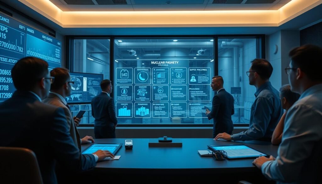A professional scene depicting nuclear safety protocols in action, showcasing a modern control room. In the foreground, a diverse group of engineers and safety officers in professional business attire are analyzing data on large screens filled with graphs and security metrics. The middle ground features a transparent screen displaying safety protocols and emergency procedures, illuminated with soft blue lighting, emphasizing a high-tech environment. The background shows a window overlooking a secure nuclear facility, with surveillance cameras and safety barriers visible. The atmosphere is calm yet focused, highlighting the seriousness and precision of nuclear safety. Soft, ambient lighting creates a secure and professional mood, perfect for conveying the importance of nuclear safety protocols. A professional scene depicting nuclear safety protocols in action, showcasing a modern control room. In the foreground, a diverse group of engineers and safety officers in professional business attire are analyzing data on large screens filled with graphs and security metrics. The middle ground features a transparent screen displaying safety protocols and emergency procedures, illuminated with soft blue lighting, emphasizing a high-tech environment. The background shows a window overlooking a secure nuclear facility, with surveillance cameras and safety barriers visible. The atmosphere is calm yet focused, highlighting the seriousness and precision of nuclear safety. Soft, ambient lighting creates a secure and professional mood, perfect for conveying the importance of nuclear safety protocols.