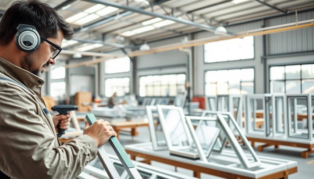 A professional, sleek aluminum workshop environment showcasing custom aluminum joinery services. In the foreground, a skilled technician, dressed in a professional work outfit, is carefully measuring and assembling high-quality aluminum window frames with precision tools. The middle ground features various completed aluminum window designs displayed prominently on workbenches, emphasizing craftsmanship and attention to detail. The backdrop displays large windows allowing natural light to flood the space, highlighting the durability and elegance of the aluminum materials. The overall atmosphere is bright and inviting, conveying a sense of innovation and expertise in custom design solutions. The lighting is soft yet clear, enhancing the textures and colors of the aluminum, adding a modern industrial feel to the setting. A professional, sleek aluminum workshop environment showcasing custom aluminum joinery services. In the foreground, a skilled technician, dressed in a professional work outfit, is carefully measuring and assembling high-quality aluminum window frames with precision tools. The middle ground features various completed aluminum window designs displayed prominently on workbenches, emphasizing craftsmanship and attention to detail. The backdrop displays large windows allowing natural light to flood the space, highlighting the durability and elegance of the aluminum materials. The overall atmosphere is bright and inviting, conveying a sense of innovation and expertise in custom design solutions. The lighting is soft yet clear, enhancing the textures and colors of the aluminum, adding a modern industrial feel to the setting.