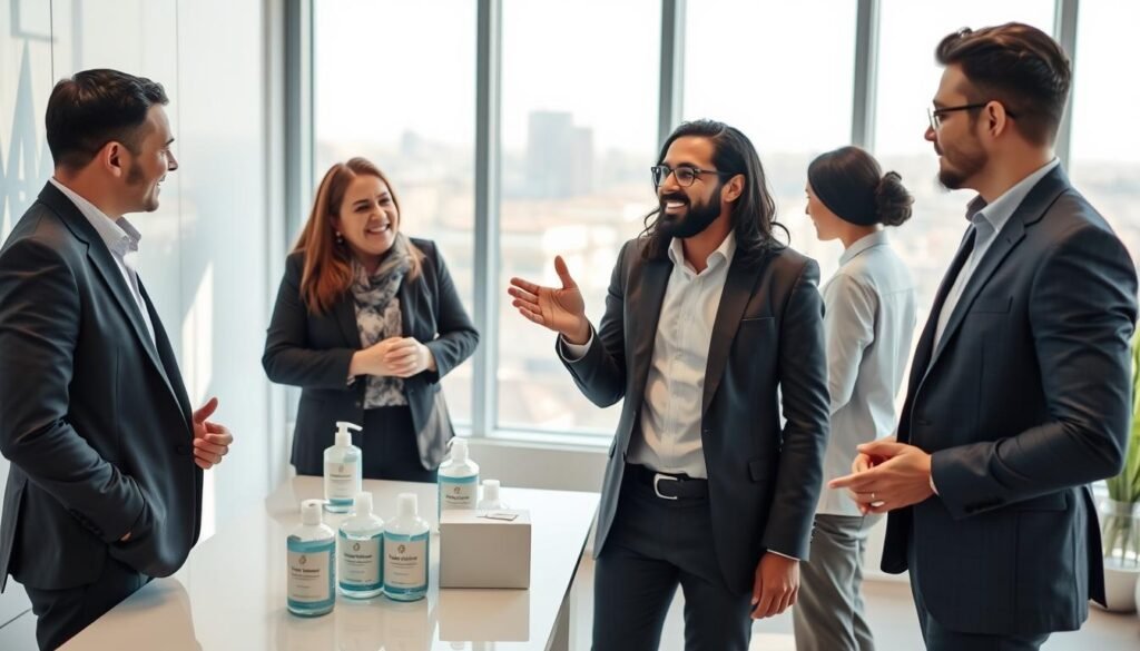 A professional, well-lit office setting in Morocco, featuring diverse business people engaged in a friendly discussion about hygiene solutions. In the foreground, a mid-aged Moroccan woman in a formal blazer is sharing her experience, expressing satisfaction with Hygenic Solutions’ services. Beside her, a young Moroccan man in smart casual attire nods in agreement, emphasizing his positive feedback. In the middle, a modern desk displays hygiene products, with an elegant presentation. The background shows a bright window with a view of the cityscape, adding depth to the scene. The lighting is warm and inviting, creating a positive and optimistic atmosphere, capturing the essence of client testimonials and feedback in a professional context. A professional, well-lit office setting in Morocco, featuring diverse business people engaged in a friendly discussion about hygiene solutions. In the foreground, a mid-aged Moroccan woman in a formal blazer is sharing her experience, expressing satisfaction with Hygenic Solutions’ services. Beside her, a young Moroccan man in smart casual attire nods in agreement, emphasizing his positive feedback. In the middle, a modern desk displays hygiene products, with an elegant presentation. The background shows a bright window with a view of the cityscape, adding depth to the scene. The lighting is warm and inviting, creating a positive and optimistic atmosphere, capturing the essence of client testimonials and feedback in a professional context.