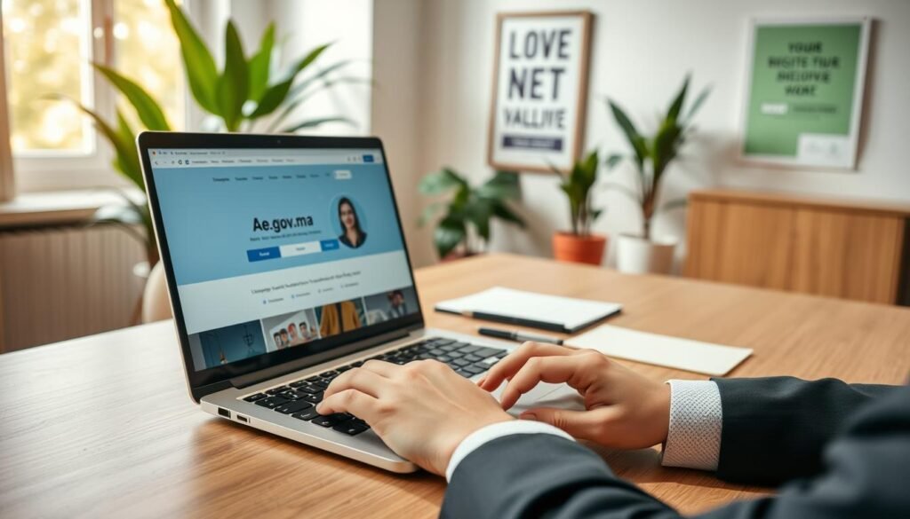 A professional workspace featuring a modern desk with a laptop displaying the homepage of the Moroccan auto-entrepreneur registration site, ae.gov.ma. The foreground includes a person's hands typing on the keyboard, dressed in smart business attire. In the middle, a neatly organized desk shows a notepad, a pen, and some official documents. The background displays a bright, inviting office environment with natural light streaming through a window, lush green plants, and a motivational poster on the wall. The atmosphere is focused and productive, conveying a sense of determination and professionalism, with soft, warm lighting that enhances the inviting feel of the space. The image should have a slight depth of field effect, focusing on the hands and laptop while softly blurring the background. A professional workspace featuring a modern desk with a laptop displaying the homepage of the Moroccan auto-entrepreneur registration site, ae.gov.ma. The foreground includes a person's hands typing on the keyboard, dressed in smart business attire. In the middle, a neatly organized desk shows a notepad, a pen, and some official documents. The background displays a bright, inviting office environment with natural light streaming through a window, lush green plants, and a motivational poster on the wall. The atmosphere is focused and productive, conveying a sense of determination and professionalism, with soft, warm lighting that enhances the inviting feel of the space. The image should have a slight depth of field effect, focusing on the hands and laptop while softly blurring the background.