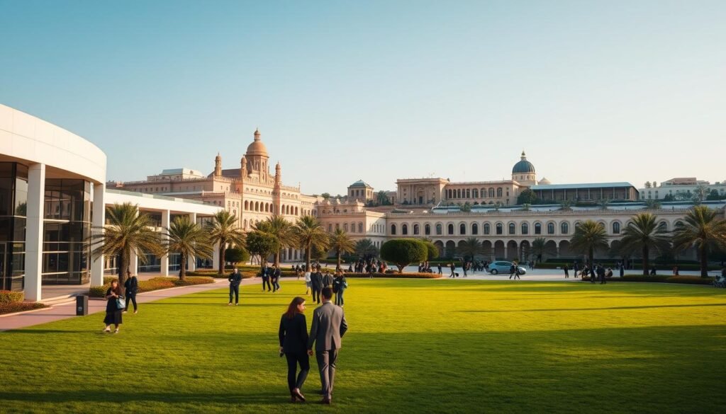 A scenic view of the University Ibn Tofail campus, featuring modern architectural buildings with lush green lawns in the foreground. In the middle ground, students in professional business attire are engaged in study groups and discussions, reflecting a vibrant academic atmosphere. The background showcases historical architecture, blending harmoniously with contemporary designs, under a clear blue sky with soft, warm lighting that creates an inviting ambiance. The angle is slightly elevated, providing a sweeping perspective of the campus, capturing both the lively interaction among students and the serene beauty of the surroundings, embodying a dedicated educational environment. A scenic view of the University Ibn Tofail campus, featuring modern architectural buildings with lush green lawns in the foreground. In the middle ground, students in professional business attire are engaged in study groups and discussions, reflecting a vibrant academic atmosphere. The background showcases historical architecture, blending harmoniously with contemporary designs, under a clear blue sky with soft, warm lighting that creates an inviting ambiance. The angle is slightly elevated, providing a sweeping perspective of the campus, capturing both the lively interaction among students and the serene beauty of the surroundings, embodying a dedicated educational environment.