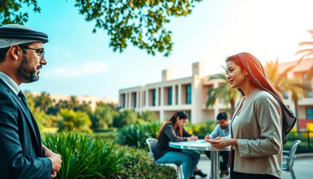 A serene and inspiring scene representing the missions and values of Université Hassan II, featuring a diverse group of students and professors engaged in collaborative discussion, surrounded by lush greenery and modern architecture of the university. In the foreground, an Arab man in professional business attire shares ideas with a woman in a modest yet stylish outfit. The middle layer includes a diverse group of students studying together at a round table, emphasizing unity and collaboration. The background showcases the university's iconic buildings under a clear blue sky, suggesting innovation and knowledge. Soft, natural lighting enhances the atmosphere of growth and aspiration, captured from a slightly elevated angle to convey a sense of open communication and academic pursuit. A serene and inspiring scene representing the missions and values of Université Hassan II, featuring a diverse group of students and professors engaged in collaborative discussion, surrounded by lush greenery and modern architecture of the university. In the foreground, an Arab man in professional business attire shares ideas with a woman in a modest yet stylish outfit. The middle layer includes a diverse group of students studying together at a round table, emphasizing unity and collaboration. The background showcases the university's iconic buildings under a clear blue sky, suggesting innovation and knowledge. Soft, natural lighting enhances the atmosphere of growth and aspiration, captured from a slightly elevated angle to convey a sense of open communication and academic pursuit.