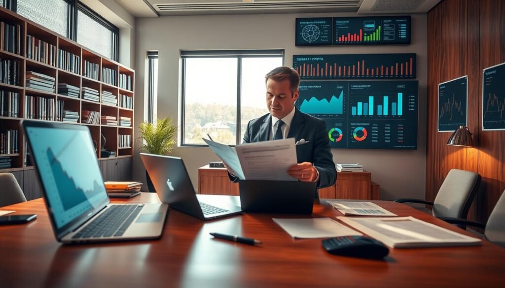 A serene and professional office environment representing "General Treasury" missions, featuring a large wooden desk with financial documents, a laptop open displaying graphs, and a calculator. In the foreground, a business professional in formal attire is analyzing reports, embodying the mission of treasury management. The middle ground has a large window with sunlight streaming in, illuminating shelves filled with books on finance and economics. In the background, there are large charts and a digital dashboard displaying treasury and financial control metrics. The lighting is warm and inviting, creating a focused and productive atmosphere. The angle is slightly elevated, providing a comprehensive view of the office layout while emphasizing the central figure working diligently on treasury tasks. A serene and professional office environment representing "General Treasury" missions, featuring a large wooden desk with financial documents, a laptop open displaying graphs, and a calculator. In the foreground, a business professional in formal attire is analyzing reports, embodying the mission of treasury management. The middle ground has a large window with sunlight streaming in, illuminating shelves filled with books on finance and economics. In the background, there are large charts and a digital dashboard displaying treasury and financial control metrics. The lighting is warm and inviting, creating a focused and productive atmosphere. The angle is slightly elevated, providing a comprehensive view of the office layout while emphasizing the central figure working diligently on treasury tasks.