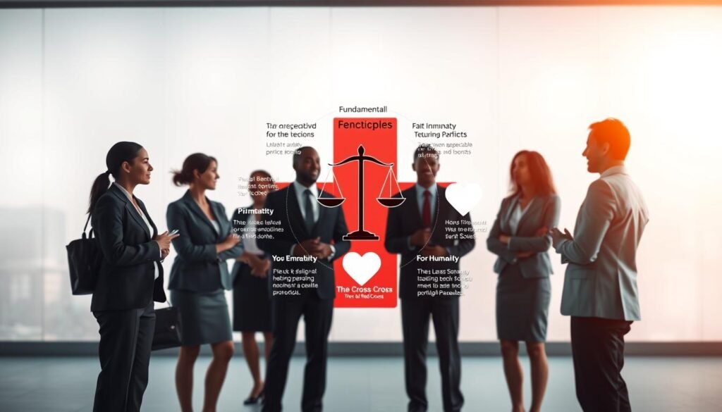 A serene and professional scene depicting the fundamental principles of the Red Cross in an artistic manner. In the foreground, display a diverse group of professionals in business attire engaged in a collaborative discussion, highlighting empathy and humanitarian efforts. In the middle, incorporate symbolic elements representing the seven fundamental principles, such as a balanced scale for impartiality and a heart for humanity. The background features a soft blend of red and white colors, reminiscent of the Red Cross emblem, with gentle lighting that evokes a sense of hope and unity. Capture the scene from a slightly elevated angle, creating a dynamic feel while maintaining clarity. The atmosphere should be inspirational and thoughtful, reflecting the core values of the Red Cross. A serene and professional scene depicting the fundamental principles of the Red Cross in an artistic manner. In the foreground, display a diverse group of professionals in business attire engaged in a collaborative discussion, highlighting empathy and humanitarian efforts. In the middle, incorporate symbolic elements representing the seven fundamental principles, such as a balanced scale for impartiality and a heart for humanity. The background features a soft blend of red and white colors, reminiscent of the Red Cross emblem, with gentle lighting that evokes a sense of hope and unity. Capture the scene from a slightly elevated angle, creating a dynamic feel while maintaining clarity. The atmosphere should be inspirational and thoughtful, reflecting the core values of the Red Cross.