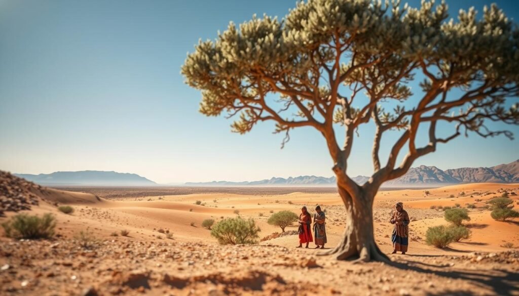 A serene landscape showcasing a silver heritage argan tree standing majestically in the foreground. The tree is gnarled and ancient, with shimmering silver-green leaves that catch the sunlight. In the middle ground, a small group of local women, dressed in modest, colorful traditional attire, are seen skillfully extracting argan oil, illustrating the cooperative's cultural impact. The background features a soft, tan desert under a bright blue sky, with distant mountains fading into the horizon. Warm, natural sunlight bathes the scene, creating a welcoming and vibrant atmosphere. The focus should be sharp on the tree and women, with a subtle bokeh effect in the background to emphasize the subject’s cultural significance. A serene landscape showcasing a silver heritage argan tree standing majestically in the foreground. The tree is gnarled and ancient, with shimmering silver-green leaves that catch the sunlight. In the middle ground, a small group of local women, dressed in modest, colorful traditional attire, are seen skillfully extracting argan oil, illustrating the cooperative's cultural impact. The background features a soft, tan desert under a bright blue sky, with distant mountains fading into the horizon. Warm, natural sunlight bathes the scene, creating a welcoming and vibrant atmosphere. The focus should be sharp on the tree and women, with a subtle bokeh effect in the background to emphasize the subject’s cultural significance.
