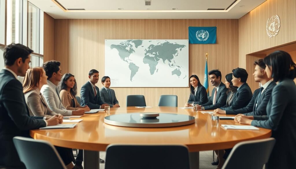 A serene meeting room set within a modern United Nations office, featuring a diverse group of professionals in business attire engaged in a collaborative discussion. In the foreground, a prominent circular table is surrounded by individuals of various ethnicities, reflecting unity and global cooperation. The middle ground showcases a large world map on the wall, symbolizing global action and peace efforts. Soft, natural lighting filters through large windows, casting a warm glow, creating an atmosphere of optimism and teamwork. In the background, UN symbols and banners are subtly displayed, emphasizing the mission of promoting peace and international cooperation. The scene radiates a sense of purpose and determination, embodying the essence of the UN's role as an instrument of peace and global action. A serene meeting room set within a modern United Nations office, featuring a diverse group of professionals in business attire engaged in a collaborative discussion. In the foreground, a prominent circular table is surrounded by individuals of various ethnicities, reflecting unity and global cooperation. The middle ground showcases a large world map on the wall, symbolizing global action and peace efforts. Soft, natural lighting filters through large windows, casting a warm glow, creating an atmosphere of optimism and teamwork. In the background, UN symbols and banners are subtly displayed, emphasizing the mission of promoting peace and international cooperation. The scene radiates a sense of purpose and determination, embodying the essence of the UN's role as an instrument of peace and global action.