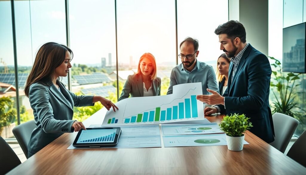 A serene office environment showcasing a diverse group of professionals engaged in discussion around a large table, brainstorming ideas for green financing and sustainable projects. In the foreground, a businesswoman in smart attire points at a digital tablet displaying graphs of renewable energy investments, while a businessman next to her gestures towards a chart on the wall showcasing growth trends. In the middle, a glass window reveals a vibrant cityscape with solar panels and lush greenery, symbolizing progress in sustainable development. The background features soft sunlight streaming in, creating a warm and inviting atmosphere, emphasizing collaboration and innovation. The image captures the essence of commitment to green growth and sustainable business practices. A serene office environment showcasing a diverse group of professionals engaged in discussion around a large table, brainstorming ideas for green financing and sustainable projects. In the foreground, a businesswoman in smart attire points at a digital tablet displaying graphs of renewable energy investments, while a businessman next to her gestures towards a chart on the wall showcasing growth trends. In the middle, a glass window reveals a vibrant cityscape with solar panels and lush greenery, symbolizing progress in sustainable development. The background features soft sunlight streaming in, creating a warm and inviting atmosphere, emphasizing collaboration and innovation. The image captures the essence of commitment to green growth and sustainable business practices.