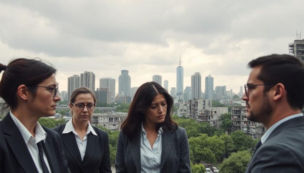 A somber urban landscape depicting the decline of human capital. In the foreground, a group of professionals in business attire, looking distressed and engaged in a conversation about their uncertain future. Their expressions reflect concern and contemplation. In the middle ground, a faded city skyline with crumbling buildings and closed businesses, symbolizing economic decline. Sparse greenery suggests neglect in an urban jungle. The background features a cloudy sky, casting a grey light over the scene, enhancing the mood of uncertainty and decline. Use a slightly blurred lens effect to create a sense of depth. Capture the atmosphere of a city grappling with a loss of opportunity and human potential, evoking urgency and reflection. A somber urban landscape depicting the decline of human capital. In the foreground, a group of professionals in business attire, looking distressed and engaged in a conversation about their uncertain future. Their expressions reflect concern and contemplation. In the middle ground, a faded city skyline with crumbling buildings and closed businesses, symbolizing economic decline. Sparse greenery suggests neglect in an urban jungle. The background features a cloudy sky, casting a grey light over the scene, enhancing the mood of uncertainty and decline. Use a slightly blurred lens effect to create a sense of depth. Capture the atmosphere of a city grappling with a loss of opportunity and human potential, evoking urgency and reflection.
