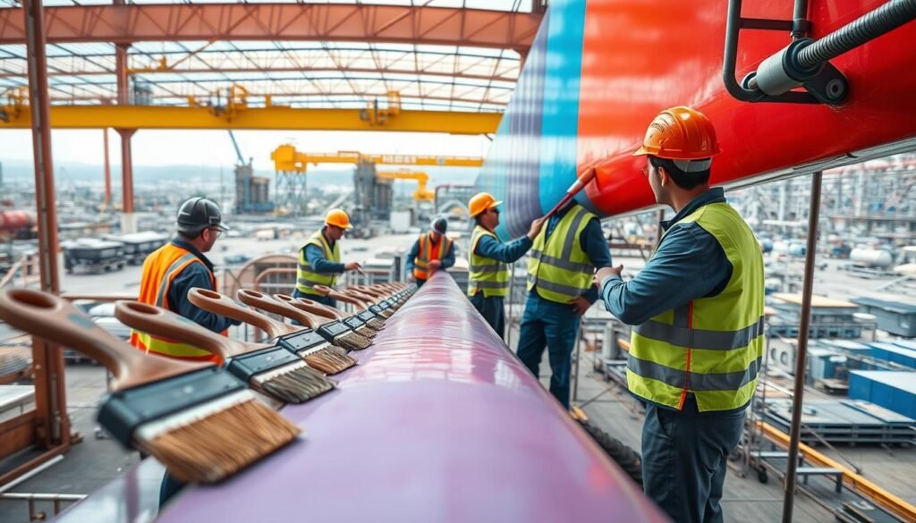 A team of professional workers in safety gear, including helmets and reflective vests, is engaged in industrial painting on a large metal structure, showcasing vibrant colors of anti-corrosive paint. In the foreground, detailed brushes and paint rollers are visible, highlighting the tools used in the process. The middle-ground features scaffolding and the workers meticulously applying the paint to ensure complete coverage, capturing a sense of teamwork and expertise. In the background, a sprawling industrial landscape includes additional facilities and equipment emphasizing the scale of the operation. The scene is illuminated by bright, natural lighting, creating a clean and efficient atmosphere. The camera angle offers a slight low perspective, enhancing the importance of the workers and their task while conveying a sense of purpose and professionalism. A team of professional workers in safety gear, including helmets and reflective vests, is engaged in industrial painting on a large metal structure, showcasing vibrant colors of anti-corrosive paint. In the foreground, detailed brushes and paint rollers are visible, highlighting the tools used in the process. The middle-ground features scaffolding and the workers meticulously applying the paint to ensure complete coverage, capturing a sense of teamwork and expertise. In the background, a sprawling industrial landscape includes additional facilities and equipment emphasizing the scale of the operation. The scene is illuminated by bright, natural lighting, creating a clean and efficient atmosphere. The camera angle offers a slight low perspective, enhancing the importance of the workers and their task while conveying a sense of purpose and professionalism.
