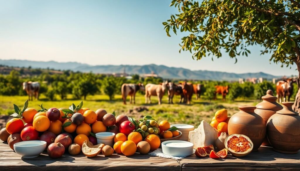 A vibrant Moroccan farm scene focusing on dairy and fruit production. In the foreground, a rustic wooden table displays a variety of fresh, colorful fruits like oranges, figs, and pomegranates, alongside traditional dairy products such as yogurt and cheese in earthenware containers. The middle ground features lush green orchards and dairy cows grazing peacefully under the warm, golden sunlight, highlighting the connection between livestock and crops. In the background, distant hills rise against a clear blue sky, with a hint of traditional Moroccan architecture. The atmosphere is lively yet serene, showcasing the abundance and quality of Moroccan agriculture. The image should have soft natural lighting, with a slightly close-up perspective to emphasize details. A vibrant Moroccan farm scene focusing on dairy and fruit production. In the foreground, a rustic wooden table displays a variety of fresh, colorful fruits like oranges, figs, and pomegranates, alongside traditional dairy products such as yogurt and cheese in earthenware containers. The middle ground features lush green orchards and dairy cows grazing peacefully under the warm, golden sunlight, highlighting the connection between livestock and crops. In the background, distant hills rise against a clear blue sky, with a hint of traditional Moroccan architecture. The atmosphere is lively yet serene, showcasing the abundance and quality of Moroccan agriculture. The image should have soft natural lighting, with a slightly close-up perspective to emphasize details.
