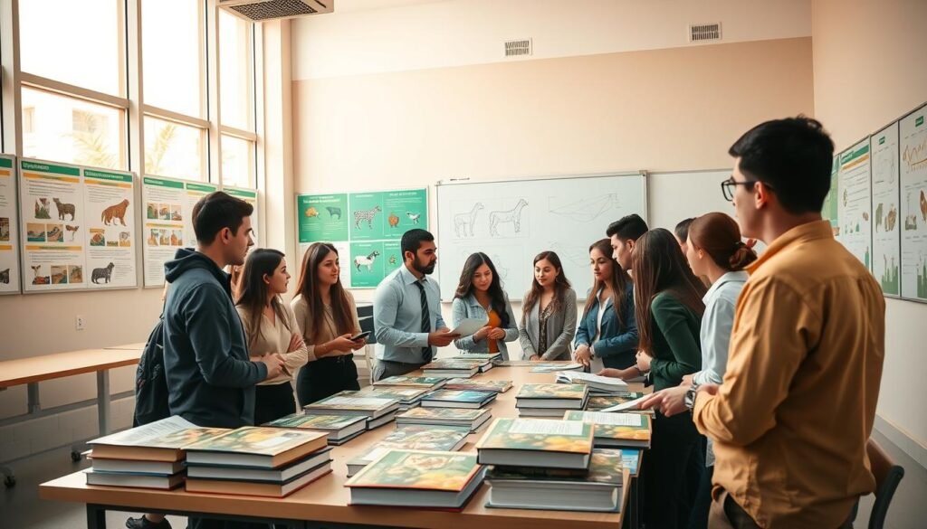 A vibrant academic setting showcasing the "Institut agronomique et vétérinaire Hassan II," focusing on its formations et programmes. In the foreground, a diverse group of students in professional attire, engaged in a discussion around a large table filled with agricultural and veterinary textbooks. The middle ground features a modern classroom with informative posters about various agricultural practices and veterinary sciences on the walls, along with a whiteboard displaying diagrams. In the background, large windows let in warm, natural light, illuminating the room with a lively, inspiring atmosphere. The angle is slightly elevated, capturing the interaction and enthusiasm of the students, while maintaining a clean and organized space that reflects a commitment to education and innovation. A vibrant academic setting showcasing the "Institut agronomique et vétérinaire Hassan II," focusing on its formations et programmes. In the foreground, a diverse group of students in professional attire, engaged in a discussion around a large table filled with agricultural and veterinary textbooks. The middle ground features a modern classroom with informative posters about various agricultural practices and veterinary sciences on the walls, along with a whiteboard displaying diagrams. In the background, large windows let in warm, natural light, illuminating the room with a lively, inspiring atmosphere. The angle is slightly elevated, capturing the interaction and enthusiasm of the students, while maintaining a clean and organized space that reflects a commitment to education and innovation.