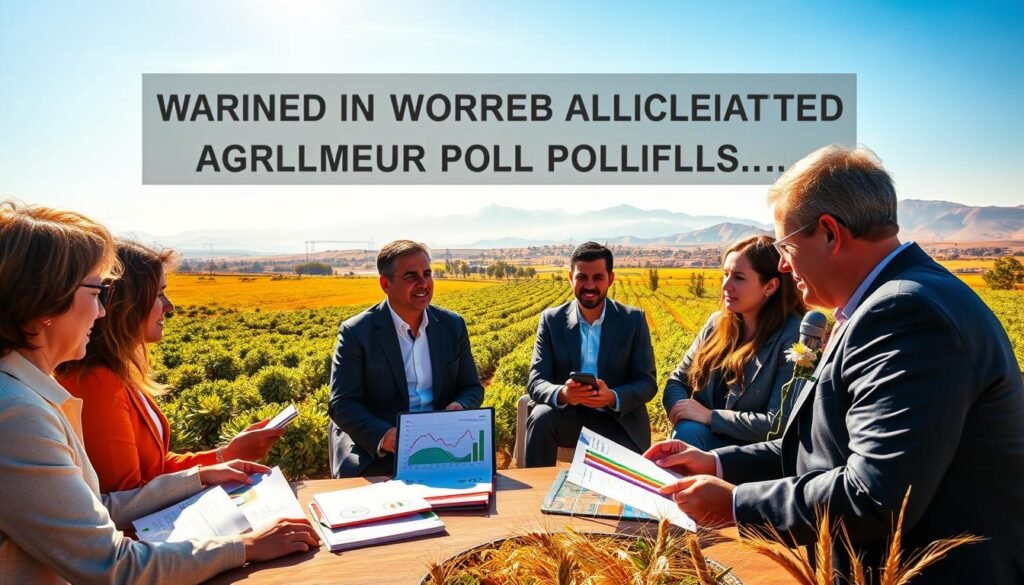 A vibrant, analytical scene focused on the impact of agricultural policies in Morocco, showcasing a diverse group of professionals in an outdoor setting. In the foreground, a diverse panel of policymakers in professional attire engaged in a serious discussion, with papers and digital tablets displaying graphs and data on agricultural development. The middle ground features a lush Moroccan landscape with fields of crops such as olives and wheat, symbolizing agricultural progress. The background depicts the Atlas Mountains under a clear blue sky, representing Morocco's agricultural roots. Warm sunlight casts natural, inviting illumination on the scene, evoking a sense of hope and innovation in agricultural policy. The overall mood is collaborative and forward-thinking, emphasizing the importance of sustainable practices. A vibrant, analytical scene focused on the impact of agricultural policies in Morocco, showcasing a diverse group of professionals in an outdoor setting. In the foreground, a diverse panel of policymakers in professional attire engaged in a serious discussion, with papers and digital tablets displaying graphs and data on agricultural development. The middle ground features a lush Moroccan landscape with fields of crops such as olives and wheat, symbolizing agricultural progress. The background depicts the Atlas Mountains under a clear blue sky, representing Morocco's agricultural roots. Warm sunlight casts natural, inviting illumination on the scene, evoking a sense of hope and innovation in agricultural policy. The overall mood is collaborative and forward-thinking, emphasizing the importance of sustainable practices.