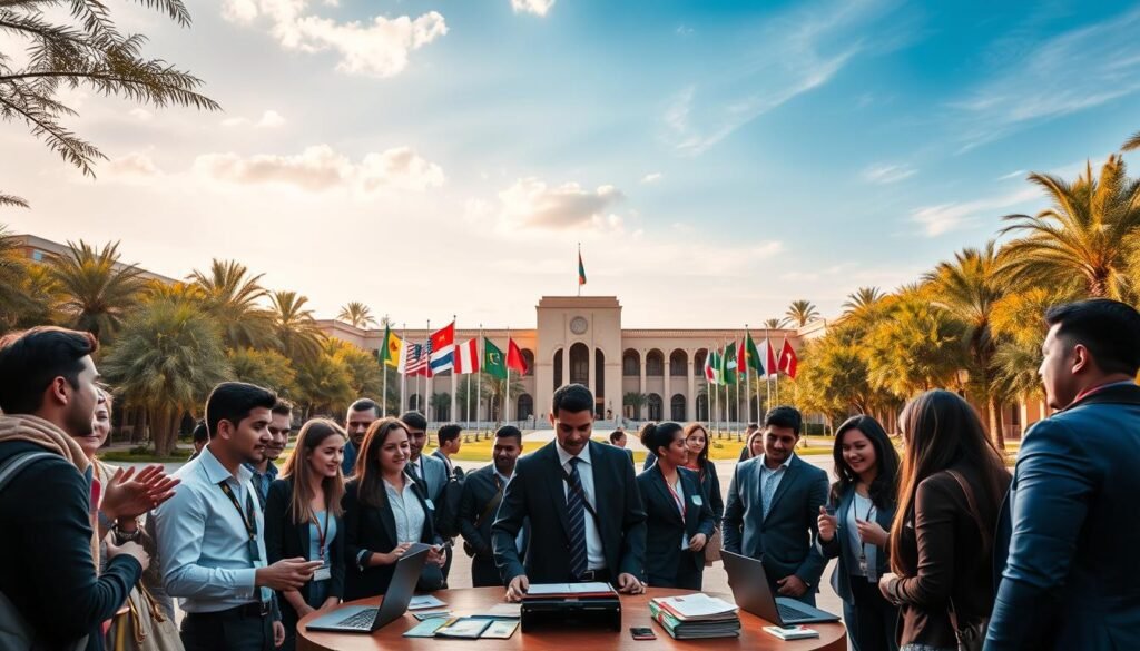 A vibrant and dynamic campus scene at Al Akhawayn University, showcasing international partnerships and university exchanges. In the foreground, a diverse group of students in professional business attire engage in animated discussions with laptops and brochures spread out on a table. In the middle ground, various flags representing different countries are displayed, symbolizing global collaboration. The background features the university's distinct architecture under a bright blue sky with soft clouds, reflecting a welcoming atmosphere. Warm sunlight filters through the trees that line the campus pathways, creating a lively and inspiring setting. Capture this moment from a slightly elevated angle to give a broader view of the interactions and environment, emphasizing connections and cultural exchange among students. A vibrant and dynamic campus scene at Al Akhawayn University, showcasing international partnerships and university exchanges. In the foreground, a diverse group of students in professional business attire engage in animated discussions with laptops and brochures spread out on a table. In the middle ground, various flags representing different countries are displayed, symbolizing global collaboration. The background features the university's distinct architecture under a bright blue sky with soft clouds, reflecting a welcoming atmosphere. Warm sunlight filters through the trees that line the campus pathways, creating a lively and inspiring setting. Capture this moment from a slightly elevated angle to give a broader view of the interactions and environment, emphasizing connections and cultural exchange among students.
