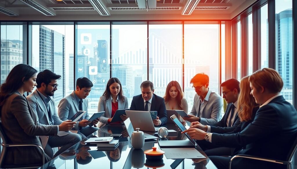 A vibrant and dynamic office environment showcasing the power of digital marketing through social media and email strategies. In the foreground, a diverse group of professionals, dressed in business attire, collaboratively analyzing data on laptops and tablets. The middle ground features a large digital screen displaying graphs and social media icons, emphasizing connectivity. In the background, floor-to-ceiling windows reveal a busy urban landscape, symbolizing the digital marketplace. The lighting is bright and inspiring, with a warm glow that creates a positive atmosphere. The composition uses a slight angle, drawing the viewer into the scene, capturing the essence of teamwork and innovation in the digital age. A vibrant and dynamic office environment showcasing the power of digital marketing through social media and email strategies. In the foreground, a diverse group of professionals, dressed in business attire, collaboratively analyzing data on laptops and tablets. The middle ground features a large digital screen displaying graphs and social media icons, emphasizing connectivity. In the background, floor-to-ceiling windows reveal a busy urban landscape, symbolizing the digital marketplace. The lighting is bright and inspiring, with a warm glow that creates a positive atmosphere. The composition uses a slight angle, drawing the viewer into the scene, capturing the essence of teamwork and innovation in the digital age.