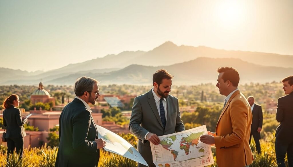 A vibrant and dynamic scene illustrating the future perspectives and challenges of sustainable development in Morocco. In the foreground, a group of diverse professionals in business attire, representing various sectors, are engaged in an animated discussion while analyzing sustainable development charts and maps. In the middle ground, a picturesque Moroccan landscape featuring traditional architecture, solar panels, and lush greenery illustrates the harmony between nature and innovation. In the background, the Atlas Mountains rise majestically, bathed in warm sunlight, symbolizing hope and progress. The lighting is bright and inviting, capturing a collaborative and forward-thinking atmosphere. Use a wide-angle lens to convey depth and connection among the elements, emphasizing the importance of teamwork in facing future challenges. A vibrant and dynamic scene illustrating the future perspectives and challenges of sustainable development in Morocco. In the foreground, a group of diverse professionals in business attire, representing various sectors, are engaged in an animated discussion while analyzing sustainable development charts and maps. In the middle ground, a picturesque Moroccan landscape featuring traditional architecture, solar panels, and lush greenery illustrates the harmony between nature and innovation. In the background, the Atlas Mountains rise majestically, bathed in warm sunlight, symbolizing hope and progress. The lighting is bright and inviting, capturing a collaborative and forward-thinking atmosphere. Use a wide-angle lens to convey depth and connection among the elements, emphasizing the importance of teamwork in facing future challenges.