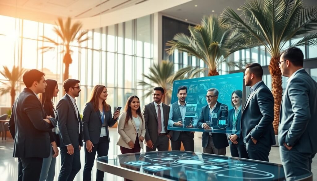 A vibrant and dynamic scene showcasing a Moroccan university's research and innovation environment. In the foreground, a diverse group of students and researchers in professional business attire is engaged in an animated discussion around a high-tech digital display, showcasing innovative projects. The middle ground features a modern research facility with sleek architecture, large glass windows reflecting a bright, inviting sunlight. The background includes palm trees and Moroccan-style architecture, symbolizing the cultural heritage blending with modern education. The atmosphere is energetic and collaborative, focusing on intellectual exploration. The image should have soft, natural lighting with a slight bokeh effect, creating depth while highlighting the main subjects. A vibrant and dynamic scene showcasing a Moroccan university's research and innovation environment. In the foreground, a diverse group of students and researchers in professional business attire is engaged in an animated discussion around a high-tech digital display, showcasing innovative projects. The middle ground features a modern research facility with sleek architecture, large glass windows reflecting a bright, inviting sunlight. The background includes palm trees and Moroccan-style architecture, symbolizing the cultural heritage blending with modern education. The atmosphere is energetic and collaborative, focusing on intellectual exploration. The image should have soft, natural lighting with a slight bokeh effect, creating depth while highlighting the main subjects.