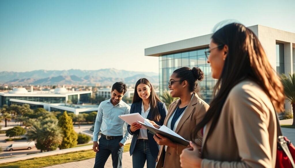 A vibrant and dynamic scene showcasing the impact of the Université Internationale de Rabat on higher education in Morocco. In the foreground, a diverse group of students in professional attire are engaged in collaboration, discussing projects with enthusiasm. In the middle ground, the modern architecture of the UIR campus is visible, featuring sleek buildings and greenery, symbolizing innovation and growth. In the background, a beautiful Moroccan landscape unfolds, with the Atlas Mountains under a clear blue sky, representing the country's rich cultural heritage and aspirations for the future. The lighting is soft and warm, suggesting a hopeful and inspiring atmosphere. The angle captures a slightly elevated perspective, giving an overview of the engaged students and the impressive university structure. A vibrant and dynamic scene showcasing the impact of the Université Internationale de Rabat on higher education in Morocco. In the foreground, a diverse group of students in professional attire are engaged in collaboration, discussing projects with enthusiasm. In the middle ground, the modern architecture of the UIR campus is visible, featuring sleek buildings and greenery, symbolizing innovation and growth. In the background, a beautiful Moroccan landscape unfolds, with the Atlas Mountains under a clear blue sky, representing the country's rich cultural heritage and aspirations for the future. The lighting is soft and warm, suggesting a hopeful and inspiring atmosphere. The angle captures a slightly elevated perspective, giving an overview of the engaged students and the impressive university structure.