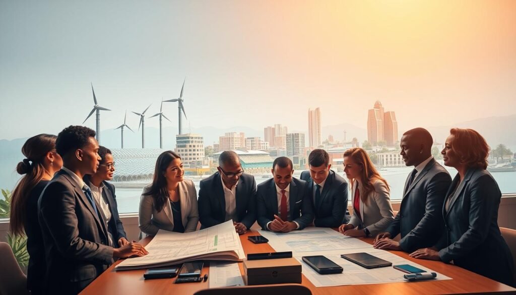 A vibrant and dynamic scene showcasing the impactful projects of the African Development Bank in Morocco. In the foreground, a diverse group of business professionals in smart attire engages in a collaborative discussion, with blueprints and digital devices spread out on a table. In the middle, the background features architectural elements of modern Moroccan infrastructure, including sustainable energy projects and urban developments symbolizing economic growth. Soft, warm lighting highlights the professionals and infrastructure, creating an optimistic atmosphere. The angle is slightly elevated, providing a broad view that encompasses both the people and the projects. The entire composition conveys a sense of progress, unity, and economic empowerment. A vibrant and dynamic scene showcasing the impactful projects of the African Development Bank in Morocco. In the foreground, a diverse group of business professionals in smart attire engages in a collaborative discussion, with blueprints and digital devices spread out on a table. In the middle, the background features architectural elements of modern Moroccan infrastructure, including sustainable energy projects and urban developments symbolizing economic growth. Soft, warm lighting highlights the professionals and infrastructure, creating an optimistic atmosphere. The angle is slightly elevated, providing a broad view that encompasses both the people and the projects. The entire composition conveys a sense of progress, unity, and economic empowerment.