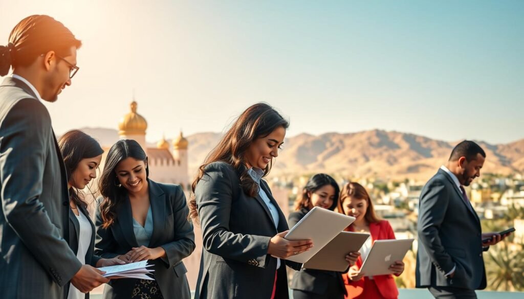 A vibrant and engaging scene depicting partnerships for gender equality in Morocco. In the foreground, diverse women and men in professional business attire collaborate over documents and laptops, symbolizing teamwork and shared goals. In the middle ground, a backdrop of Moroccan architecture showcases traditional elements, blending with modern office spaces, reflecting the country's cultural heritage and progress. In the background, soft desert mountains fade into a clear blue sky, representing hope and aspiration. The lighting is warm and inviting, casting a golden hue that enhances the positive atmosphere. The composition conveys a sense of unity, empowerment, and commitment towards gender equality, with an emphasis on collaboration and cultural respect. A vibrant and engaging scene depicting partnerships for gender equality in Morocco. In the foreground, diverse women and men in professional business attire collaborate over documents and laptops, symbolizing teamwork and shared goals. In the middle ground, a backdrop of Moroccan architecture showcases traditional elements, blending with modern office spaces, reflecting the country's cultural heritage and progress. In the background, soft desert mountains fade into a clear blue sky, representing hope and aspiration. The lighting is warm and inviting, casting a golden hue that enhances the positive atmosphere. The composition conveys a sense of unity, empowerment, and commitment towards gender equality, with an emphasis on collaboration and cultural respect.