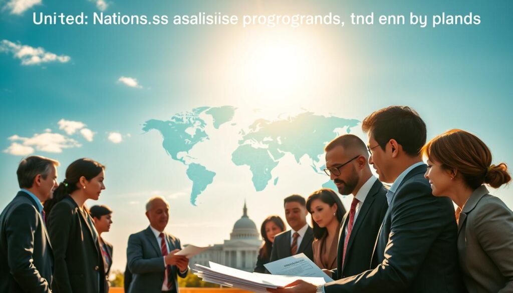 A vibrant and engaging scene depicting the United Nations specialized agencies and programs. In the foreground, a diverse group of professionals in business attire are collaboratively discussing and analyzing documents, showcasing teamwork and diplomacy. In the middle ground, a large world map highlights various regions, emphasizing the global reach of UN initiatives. Background elements include the iconic UN building under a bright blue sky, symbolizing hope and international cooperation. Soft, natural lighting enhances the atmosphere, creating a sense of optimism and purpose. The image should evoke a feeling of unity and dedication towards global missions, inspiring the viewer about the UN's role in Morocco and worldwide. A vibrant and engaging scene depicting the United Nations specialized agencies and programs. In the foreground, a diverse group of professionals in business attire are collaboratively discussing and analyzing documents, showcasing teamwork and diplomacy. In the middle ground, a large world map highlights various regions, emphasizing the global reach of UN initiatives. Background elements include the iconic UN building under a bright blue sky, symbolizing hope and international cooperation. Soft, natural lighting enhances the atmosphere, creating a sense of optimism and purpose. The image should evoke a feeling of unity and dedication towards global missions, inspiring the viewer about the UN's role in Morocco and worldwide.
