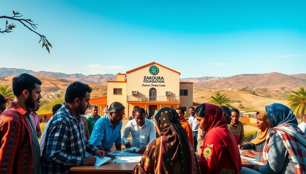 A vibrant and engaging scene depicting the Zakoura Foundation in action, focusing on social and educational initiatives in Morocco. In the foreground, a diverse group of individuals, including men and women of various ages, are seen collaborating in a classroom setting, engaged in lively discussions around educational materials. The middle ground features a welcoming community center adorned with the foundation's logo, surrounded by lush greenery and traditional Moroccan architecture. In the background, rolling hills and a clear blue sky accentuate the uplifting atmosphere of hope and progress. The lighting is warm and inviting, with soft sunlight filtering through, creating an inspiring and harmonious mood. Capture this image from a slightly elevated angle to provide a comprehensive view of the interaction and community spirit. A vibrant and engaging scene depicting the Zakoura Foundation in action, focusing on social and educational initiatives in Morocco. In the foreground, a diverse group of individuals, including men and women of various ages, are seen collaborating in a classroom setting, engaged in lively discussions around educational materials. The middle ground features a welcoming community center adorned with the foundation's logo, surrounded by lush greenery and traditional Moroccan architecture. In the background, rolling hills and a clear blue sky accentuate the uplifting atmosphere of hope and progress. The lighting is warm and inviting, with soft sunlight filtering through, creating an inspiring and harmonious mood. Capture this image from a slightly elevated angle to provide a comprehensive view of the interaction and community spirit.