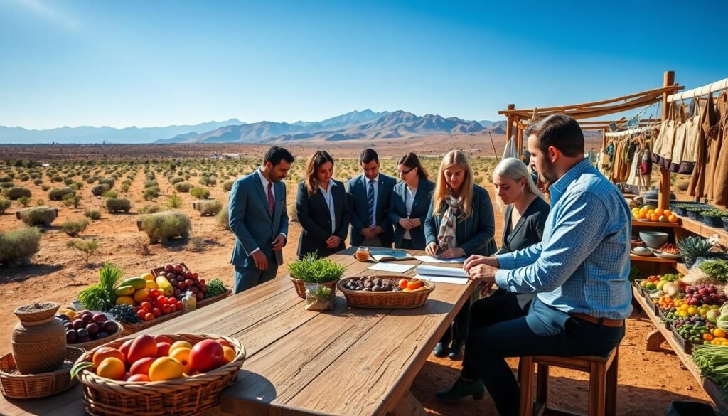 A vibrant and engaging scene depicting the activities and services of the Adrar Netment Cooperative in Morocco. In the foreground, a diverse group of individuals in professional business attire collaborates around a rustic wooden table, reviewing agricultural products and sustainable practices. The middle ground features beautifully arranged displays of locally sourced goods, such as organic fruits, vegetables, and artisanal crafts. In the background, the arid Moroccan landscape is visible, with a clear blue sky accented by the Atlas Mountains, hinting at the cooperative’s rural roots. Bright, natural lighting illuminates the setting, conveying a sense of community, collaboration, and sustainability. The atmosphere is warm and inviting, reflecting the cooperative's mission and the rich cultural heritage of the region. A vibrant and engaging scene depicting the activities and services of the Adrar Netment Cooperative in Morocco. In the foreground, a diverse group of individuals in professional business attire collaborates around a rustic wooden table, reviewing agricultural products and sustainable practices. The middle ground features beautifully arranged displays of locally sourced goods, such as organic fruits, vegetables, and artisanal crafts. In the background, the arid Moroccan landscape is visible, with a clear blue sky accented by the Atlas Mountains, hinting at the cooperative’s rural roots. Bright, natural lighting illuminates the setting, conveying a sense of community, collaboration, and sustainability. The atmosphere is warm and inviting, reflecting the cooperative's mission and the rich cultural heritage of the region.
