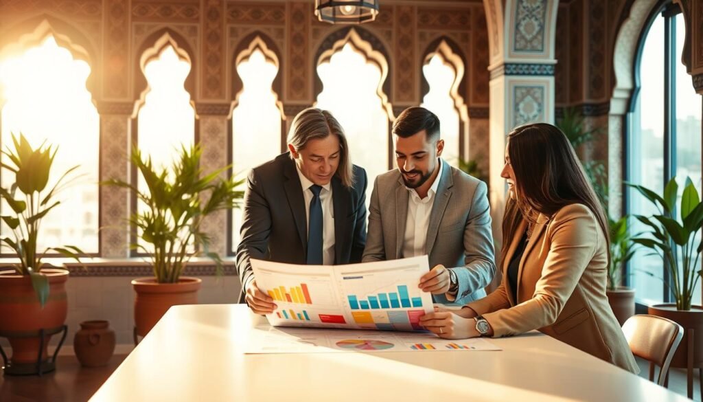 A vibrant and engaging workspace in Morocco that embodies the essence of entrepreneurship. In the foreground, a diverse group of three professionals dressed in smart business attire, two men and one woman, are gathered around a modern table, examining a colorful business plan. The middle section features traditional Moroccan architecture with decorative tiles and arches, symbolizing the local culture. In the background, soft sunlight filters through large windows, casting warm light that enhances the collaborative atmosphere. Plants in pots add a touch of greenery, promoting a fresh and inviting feel. The scene should evoke inspiration and motivation, perfect for entrepreneurs looking to start their journey in Morocco’s dynamic business environment. A vibrant and engaging workspace in Morocco that embodies the essence of entrepreneurship. In the foreground, a diverse group of three professionals dressed in smart business attire, two men and one woman, are gathered around a modern table, examining a colorful business plan. The middle section features traditional Moroccan architecture with decorative tiles and arches, symbolizing the local culture. In the background, soft sunlight filters through large windows, casting warm light that enhances the collaborative atmosphere. Plants in pots add a touch of greenery, promoting a fresh and inviting feel. The scene should evoke inspiration and motivation, perfect for entrepreneurs looking to start their journey in Morocco’s dynamic business environment.