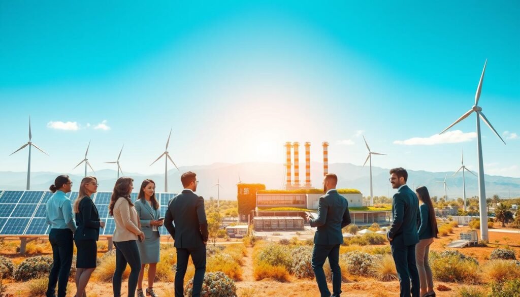 A vibrant and futuristic scene depicting sustainable industrial development in Morocco. In the foreground, a diverse group of professionals in business attire is engaged in discussion, surrounded by innovative green technology, such as solar panels and wind turbines. In the middle ground, a modern, eco-friendly factory is visible, designed with lush greenery integrated into its architecture. The background features the majestic Atlas Mountains under a clear blue sky, symbolizing the harmony between industry and nature. The lighting is bright and optimistic, casting soft shadows to enhance the mood of progress and collaboration. This image captures the essence of a sustainable future for Morocco’s industrial landscape, highlighting innovation and ecological balance. A vibrant and futuristic scene depicting sustainable industrial development in Morocco. In the foreground, a diverse group of professionals in business attire is engaged in discussion, surrounded by innovative green technology, such as solar panels and wind turbines. In the middle ground, a modern, eco-friendly factory is visible, designed with lush greenery integrated into its architecture. The background features the majestic Atlas Mountains under a clear blue sky, symbolizing the harmony between industry and nature. The lighting is bright and optimistic, casting soft shadows to enhance the mood of progress and collaboration. This image captures the essence of a sustainable future for Morocco’s industrial landscape, highlighting innovation and ecological balance.