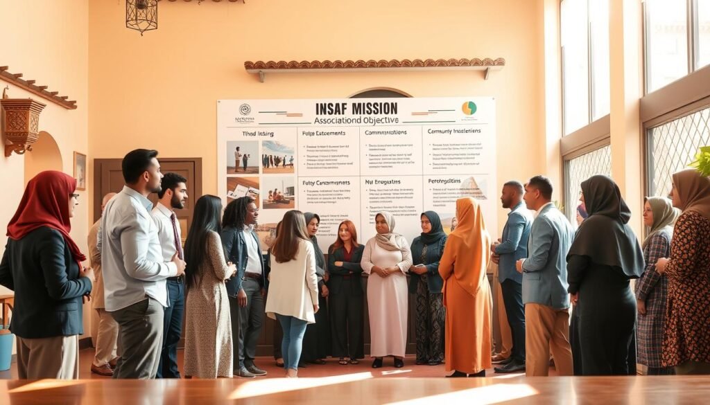 A vibrant and inspiring scene depicting the mission and objectives of Association INSAF in Morocco. In the foreground, a diverse group of individuals representing various ages and professional backgrounds are gathered in a warm, welcoming community center. They are engaged in a lively discussion, exchanging ideas, and sharing insights. In the middle ground, a large board displays key mission statements and goals of the association, adorned with images reflecting community development and empowerment. The background shows the exterior of an attractive Moroccan building, blended with traditional architectural elements. Soft, natural sunlight streams in through large windows, creating an uplifting and hopeful mood. The atmosphere is one of collaboration and community spirit, with individuals dressed in professional business attire and modest casual clothing, symbolizing unity and purpose. A vibrant and inspiring scene depicting the mission and objectives of Association INSAF in Morocco. In the foreground, a diverse group of individuals representing various ages and professional backgrounds are gathered in a warm, welcoming community center. They are engaged in a lively discussion, exchanging ideas, and sharing insights. In the middle ground, a large board displays key mission statements and goals of the association, adorned with images reflecting community development and empowerment. The background shows the exterior of an attractive Moroccan building, blended with traditional architectural elements. Soft, natural sunlight streams in through large windows, creating an uplifting and hopeful mood. The atmosphere is one of collaboration and community spirit, with individuals dressed in professional business attire and modest casual clothing, symbolizing unity and purpose.