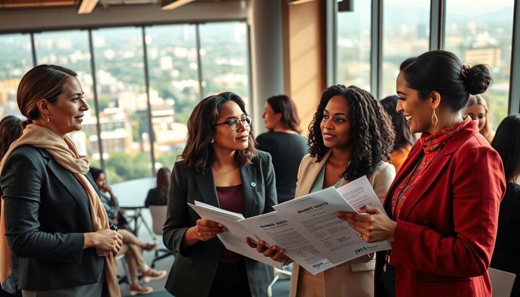 A vibrant and inspiring scene featuring a diverse group of women engaged in a meaningful discussion about women's rights and empowerment. In the foreground, portray three women of different ethnic backgrounds, wearing professional business attire, actively exchanging ideas and holding documents about women's rights initiatives. The middle ground includes a round table surrounded by more women, symbolizing unity and collaboration. In the background, a modern office space with large windows offers a view of a bustling city, filled with greenery and sunlight pouring in, creating an inviting atmosphere. Soft, natural lighting illuminates the faces of the women, highlighting their determination and passion. The overall mood is empowering and optimistic, capturing the essence of Jossour Forum des Femmes Marocaines. A vibrant and inspiring scene featuring a diverse group of women engaged in a meaningful discussion about women's rights and empowerment. In the foreground, portray three women of different ethnic backgrounds, wearing professional business attire, actively exchanging ideas and holding documents about women's rights initiatives. The middle ground includes a round table surrounded by more women, symbolizing unity and collaboration. In the background, a modern office space with large windows offers a view of a bustling city, filled with greenery and sunlight pouring in, creating an inviting atmosphere. Soft, natural lighting illuminates the faces of the women, highlighting their determination and passion. The overall mood is empowering and optimistic, capturing the essence of Jossour Forum des Femmes Marocaines.