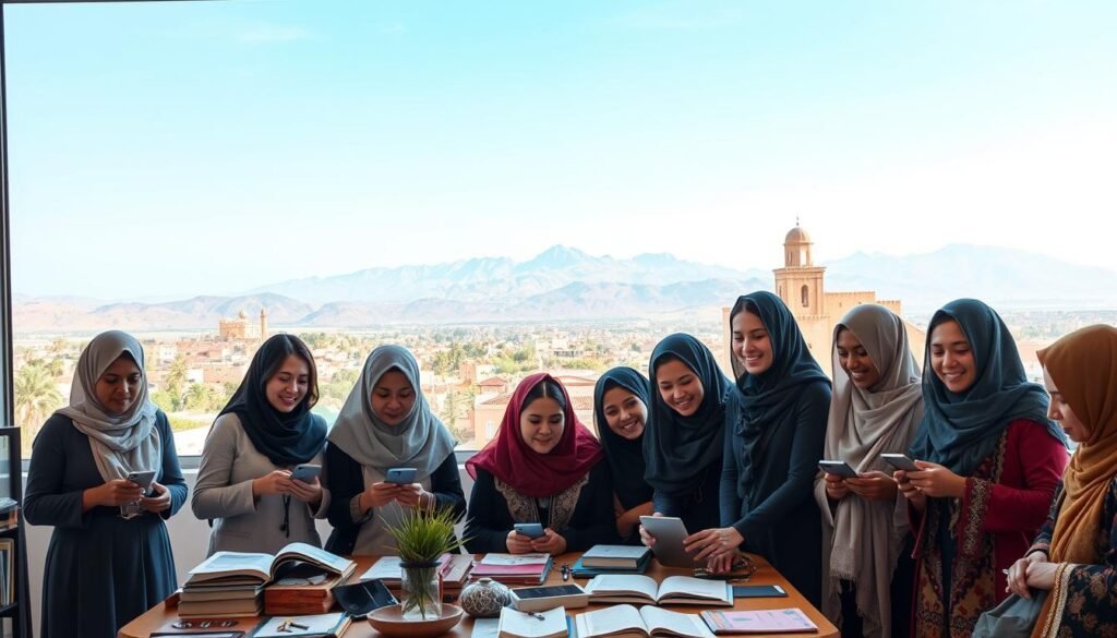 A vibrant and inspiring scene showcasing innovation in education and culture in Morocco. In the foreground, a diverse group of teachers and students, dressed in professional and modest casual attire, are engaged in an interactive learning environment, utilizing modern technology and traditional Moroccan crafts. In the middle ground, a creative workspace filled with books, digital devices, and cultural artifacts that represent Moroccan heritage. The background features a picturesque view of the Moroccan landscape, with traditional architecture and the Atlas Mountains under a bright blue sky. Soft, natural lighting highlights the faces of the people, creating a warm and positive atmosphere, capturing the essence of progress and collaboration in Moroccan education and culture. A vibrant and inspiring scene showcasing innovation in education and culture in Morocco. In the foreground, a diverse group of teachers and students, dressed in professional and modest casual attire, are engaged in an interactive learning environment, utilizing modern technology and traditional Moroccan crafts. In the middle ground, a creative workspace filled with books, digital devices, and cultural artifacts that represent Moroccan heritage. The background features a picturesque view of the Moroccan landscape, with traditional architecture and the Atlas Mountains under a bright blue sky. Soft, natural lighting highlights the faces of the people, creating a warm and positive atmosphere, capturing the essence of progress and collaboration in Moroccan education and culture.