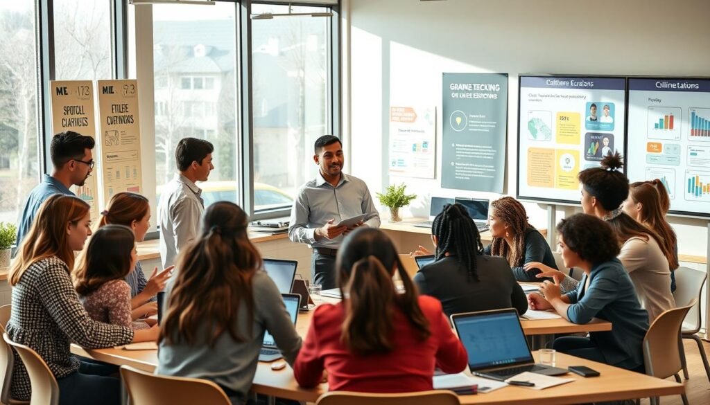 A vibrant and modern classroom scene illustrating innovative teaching methods inspired by the Grande École model. In the foreground, diverse students of various backgrounds are actively engaged in group discussions around sleek, collaborative workspaces, showcasing a mix of technology and traditional study materials. In the middle, an inspirational teacher, dressed in professional attire, guides the students, displaying enthusiasm and creativity in their approach. The background features large windows allowing natural light to fill the space, accompanied by motivational educational posters and digital boards displaying interactive content. The atmosphere is dynamic and forward-thinking, embodying a spirit of innovation and academic excellence. The image has a warm, inviting feel, highlighting the importance of collaboration in modern education. A vibrant and modern classroom scene illustrating innovative teaching methods inspired by the Grande École model. In the foreground, diverse students of various backgrounds are actively engaged in group discussions around sleek, collaborative workspaces, showcasing a mix of technology and traditional study materials. In the middle, an inspirational teacher, dressed in professional attire, guides the students, displaying enthusiasm and creativity in their approach. The background features large windows allowing natural light to fill the space, accompanied by motivational educational posters and digital boards displaying interactive content. The atmosphere is dynamic and forward-thinking, embodying a spirit of innovation and academic excellence. The image has a warm, inviting feel, highlighting the importance of collaboration in modern education.