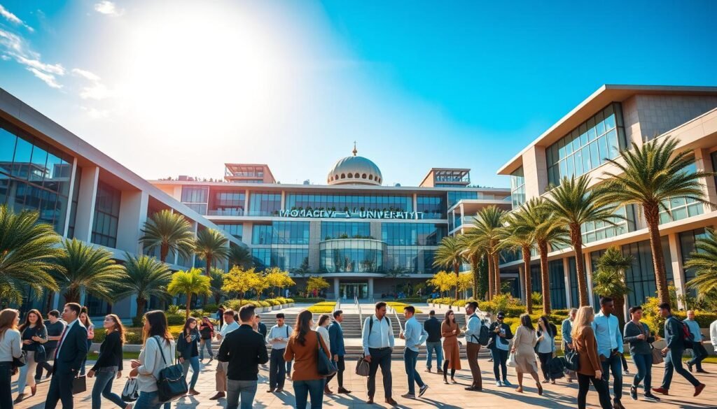 A vibrant and modern depiction of Mohammed V University, showcasing an innovative educational environment that integrates fusion and restructuring concepts. In the foreground, students of diverse backgrounds engage in collaborative discussions, dressed in smart casual and business attire. The middle ground features contemporary architectural elements of the university, with dynamic open spaces, glass facades, and greenery, symbolizing growth and integration. In the background, a clear blue sky with soft, warm sunlight casts a golden hue over the campus, creating an inviting atmosphere. Capture this scene with a wide-angle lens to emphasize the scale and vibrancy of university life, presenting a harmonious fusion of tradition and modernity that embodies the essence of academic excellence and community. A vibrant and modern depiction of Mohammed V University, showcasing an innovative educational environment that integrates fusion and restructuring concepts. In the foreground, students of diverse backgrounds engage in collaborative discussions, dressed in smart casual and business attire. The middle ground features contemporary architectural elements of the university, with dynamic open spaces, glass facades, and greenery, symbolizing growth and integration. In the background, a clear blue sky with soft, warm sunlight casts a golden hue over the campus, creating an inviting atmosphere. Capture this scene with a wide-angle lens to emphasize the scale and vibrancy of university life, presenting a harmonious fusion of tradition and modernity that embodies the essence of academic excellence and community.